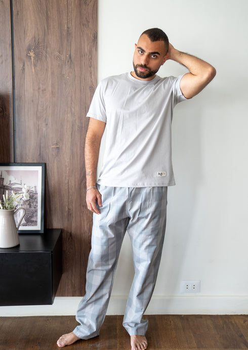 Men summer pajama set Grey T-shirt + Light Grey X Grey Glen Plaid Pants